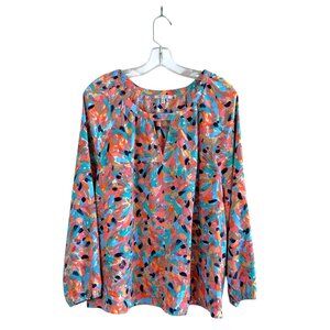 NIC+ZOE Multicolor Abstract Print Keyhole Front Peasant Style Blouse, XL